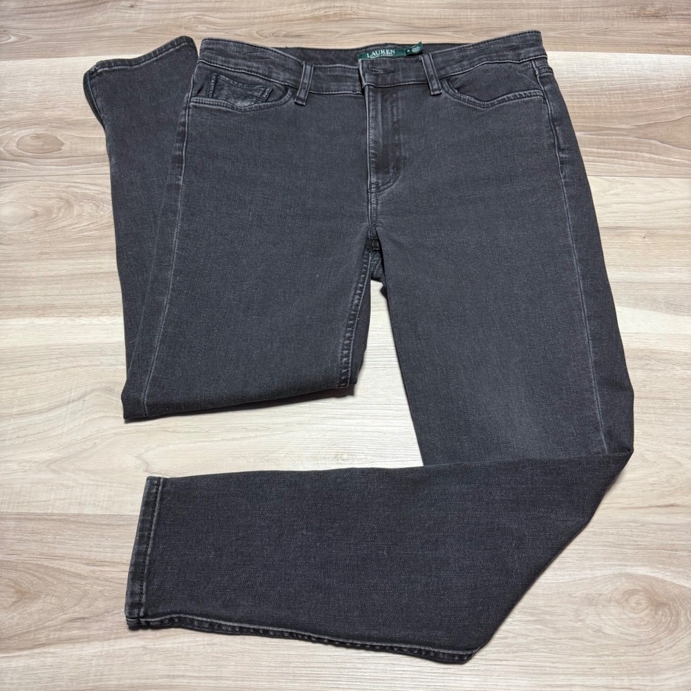 Lauren Ralph Lauren Skinny Jeans Womens 8 Black Ankle Zip Faux Leather Trim Deni
